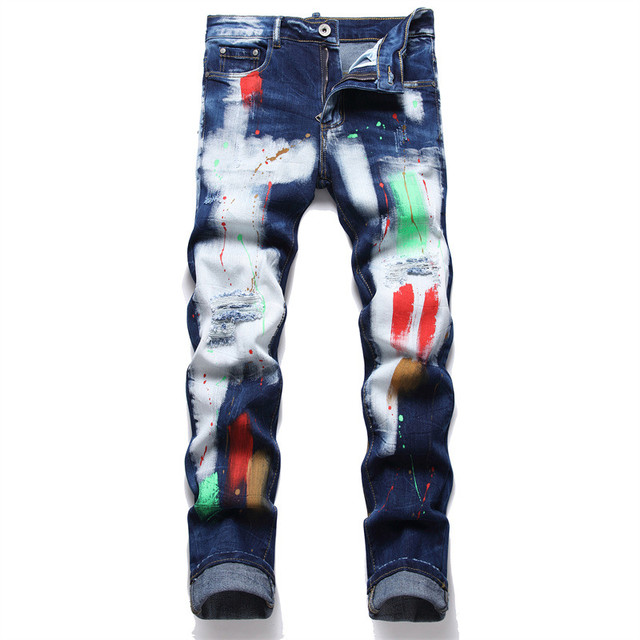 Korean style clothing paint slim fit hole blue jeans streetwear denim pants  man printed ripped trouers for teenager - AliExpress
